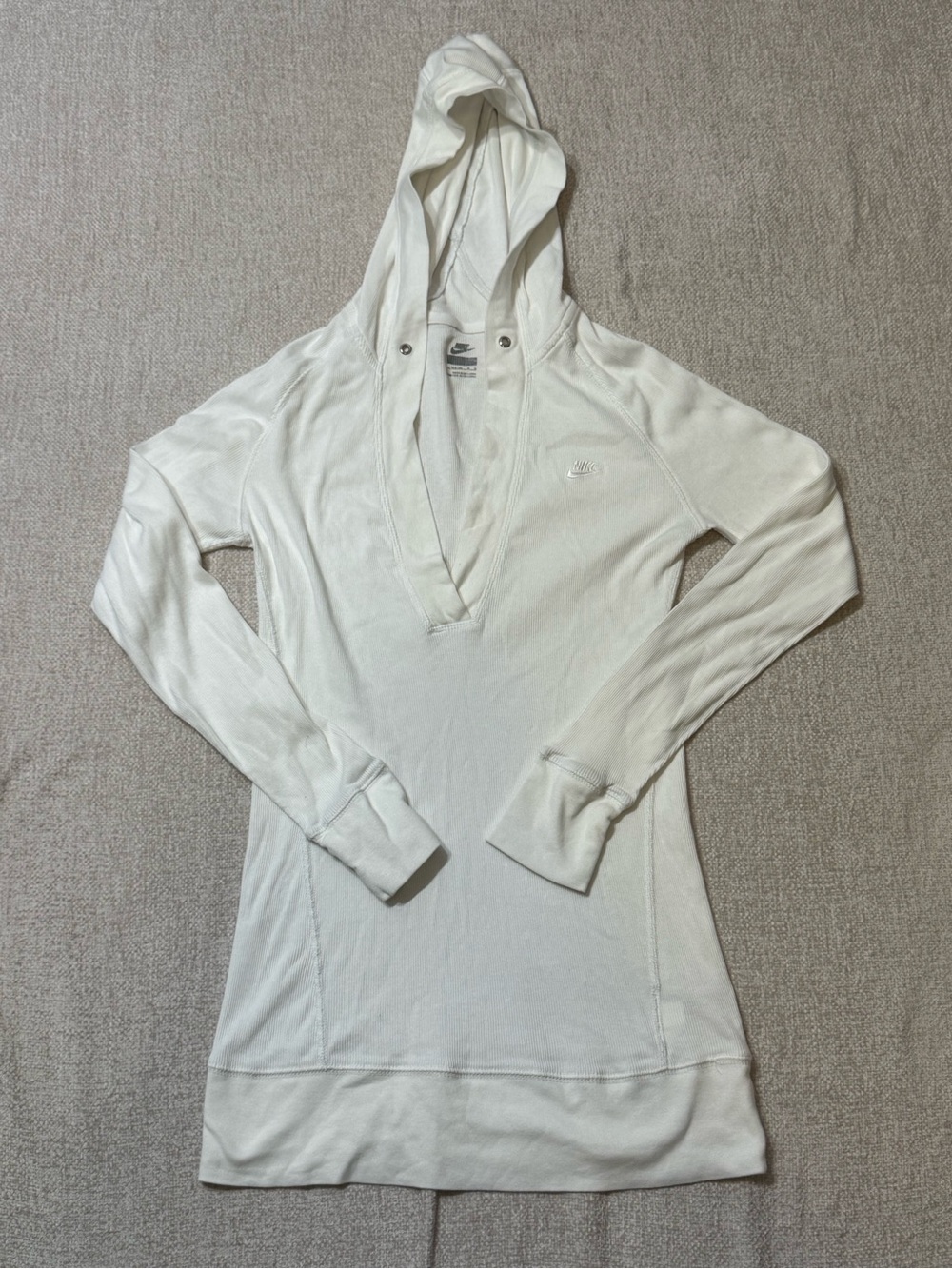 Nike Womens M White Ribbed Deep V Hoodie Y2K 2000s Athleisure Swoosh